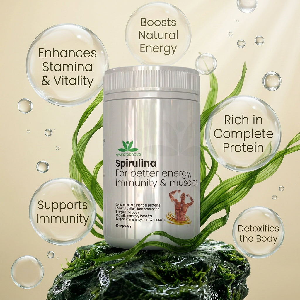 Ayurprabhava Spirulina - 60 capsules - Super-Food for Energy, Vitality, Stamina, and Complete Proteins