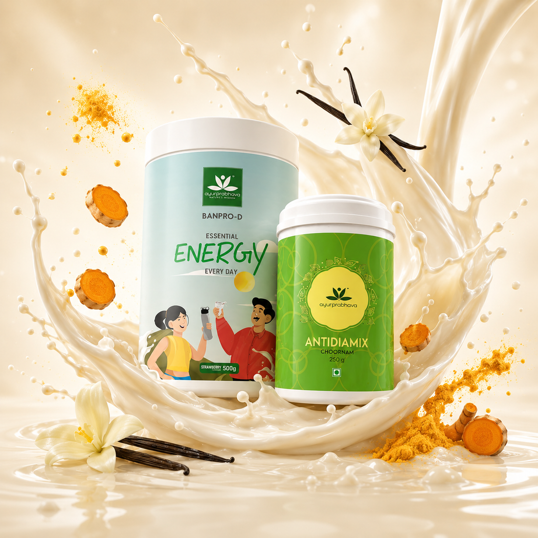 Ayurprabhava Diabetes Care Combo for Type 2 Diabetes Control - Antidiamix - 250 g + Banpro D - 500 g Vanilla Flavor
