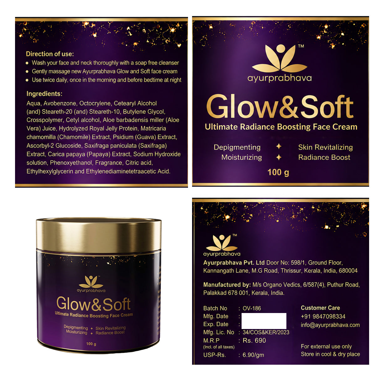 Ayurprabhava Skin Care Combo for healthy and glowing skin - Body cream - 100 g + Face cream - 100 g