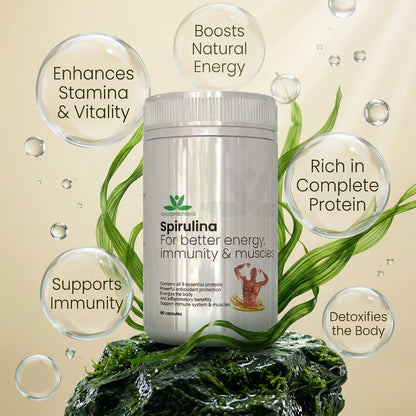 Ayurprabhava Spirulina - 60 capsules - Super-Food for Energy, Vitality, Stamina, and Complete Proteins